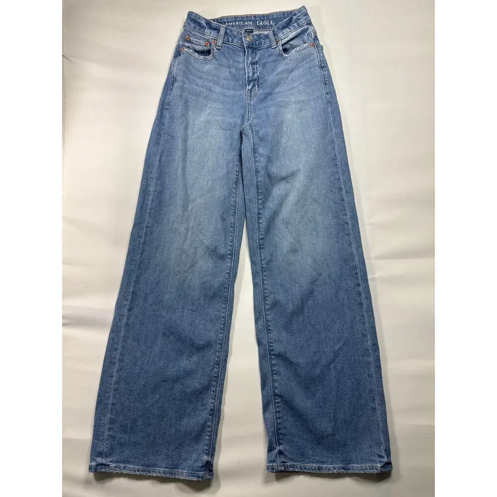 American Eagle Women's Super High Rise Baggy Wide Leg Blue Jeans - 000 (24x29.5) - Picture 1 of 6